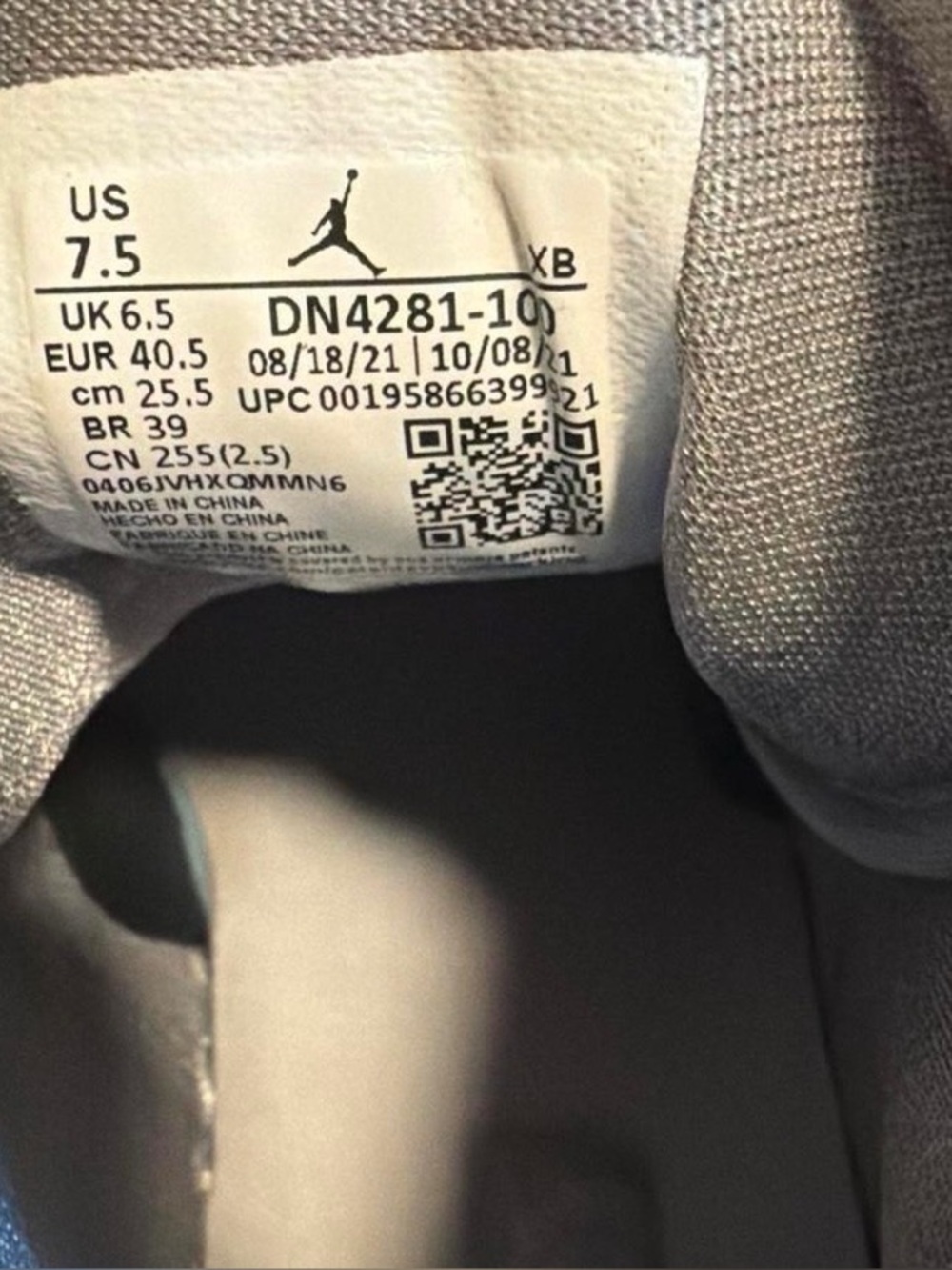 Jordan sneaker interior label in gray and white